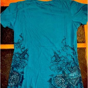 Sinful turquoise blue with roses and rhinestone detail shirt, size M